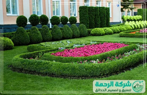 تصميم مساحات خضراء بخميس مشيط 0559460943 الرحمة حديقة فرنسية الطراز تتميز بأحواض زهور وردية وأشجار مخروطية متقنة.