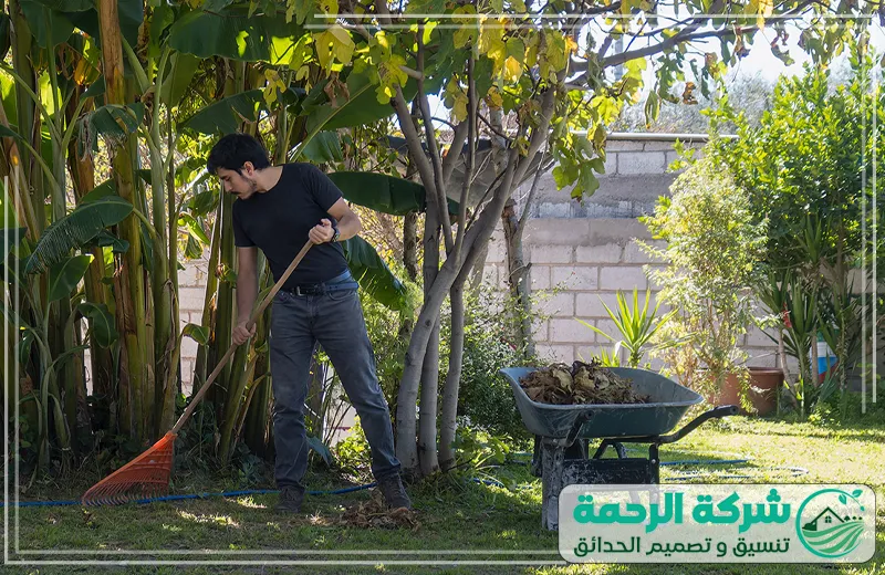 تنسيق حدائق بيشة الجنوب العناية المثالية بالحدائق 0559460943 شركة الرحمة عامل في تنسيق حدائق بيشة الجنوب يعمل على تنظيف الحديقة باستخدام أداة لتنظيف الأوراق والأوساخ، مع العناية بالنباتات.