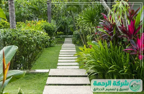 صيانة الحدائق واستشارات تصميم الحدائق 0559460943 الرحمة ممر حجري عصري وسط غابة استوائية كثيفة الخضرة ونباتات متنوعة.