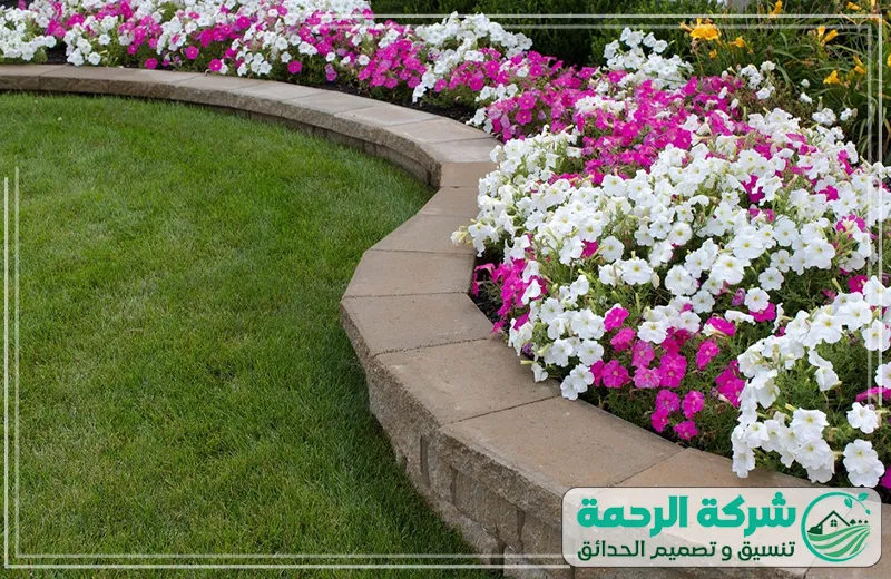 تنسيق حدائق المدينة المنورة زهور ملونة وتصميم أنيق 0559460943 شركة الرحمة شركة تنسيق حدائق المدينة المنورة تقدم تصميم وتنسيق زهور ملونة في حافة حديقة باستخدام أحجار الزينة مع العشب الأخضر في حديقة منزلية.