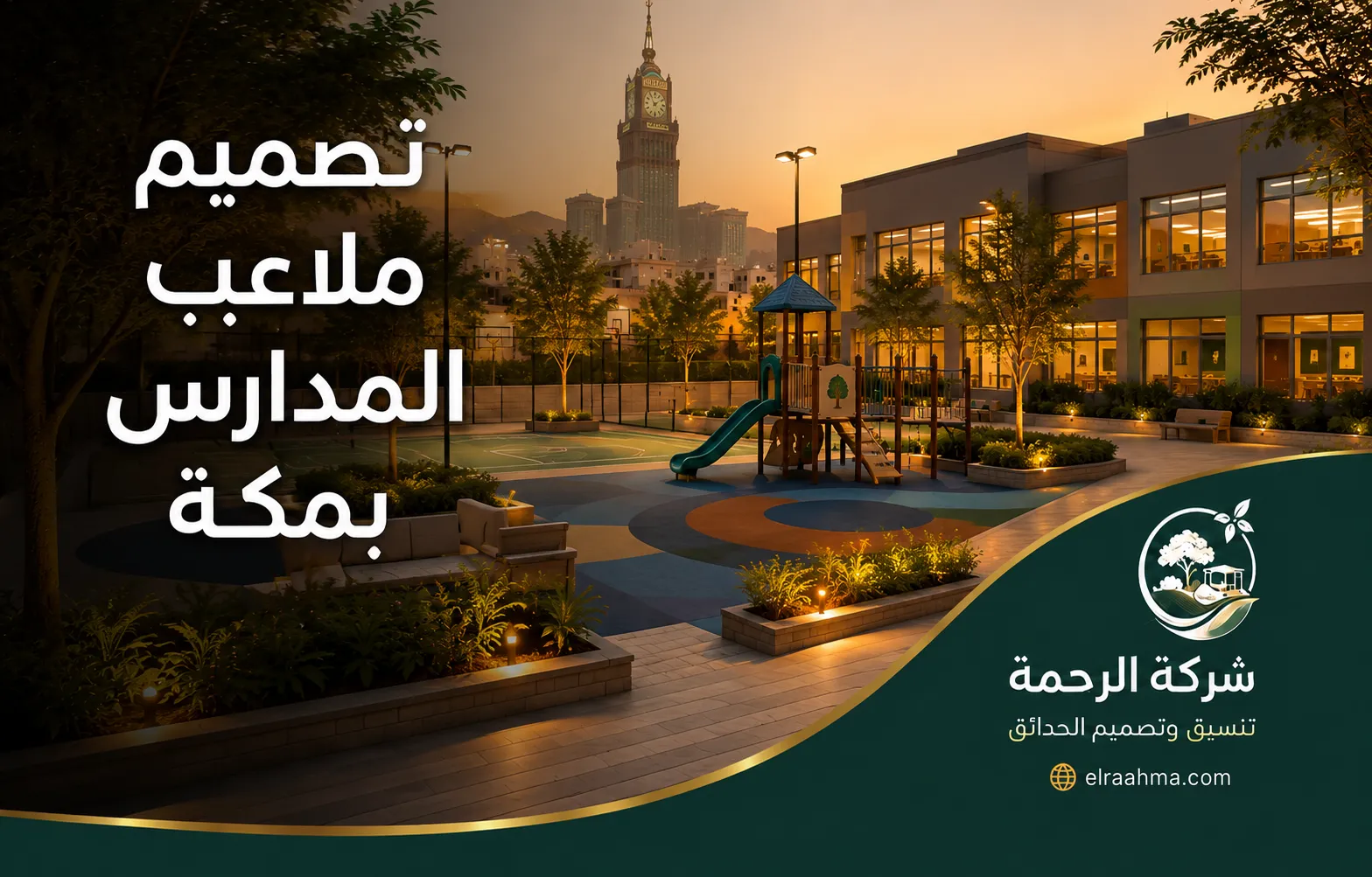 تصميم ملاعب المدارس بمكة | شركة الرحمة ملعب مدرسة بمكة يضم منطقة ألعاب أطفال وساحة رياضية بجوار المبنى التعليمي