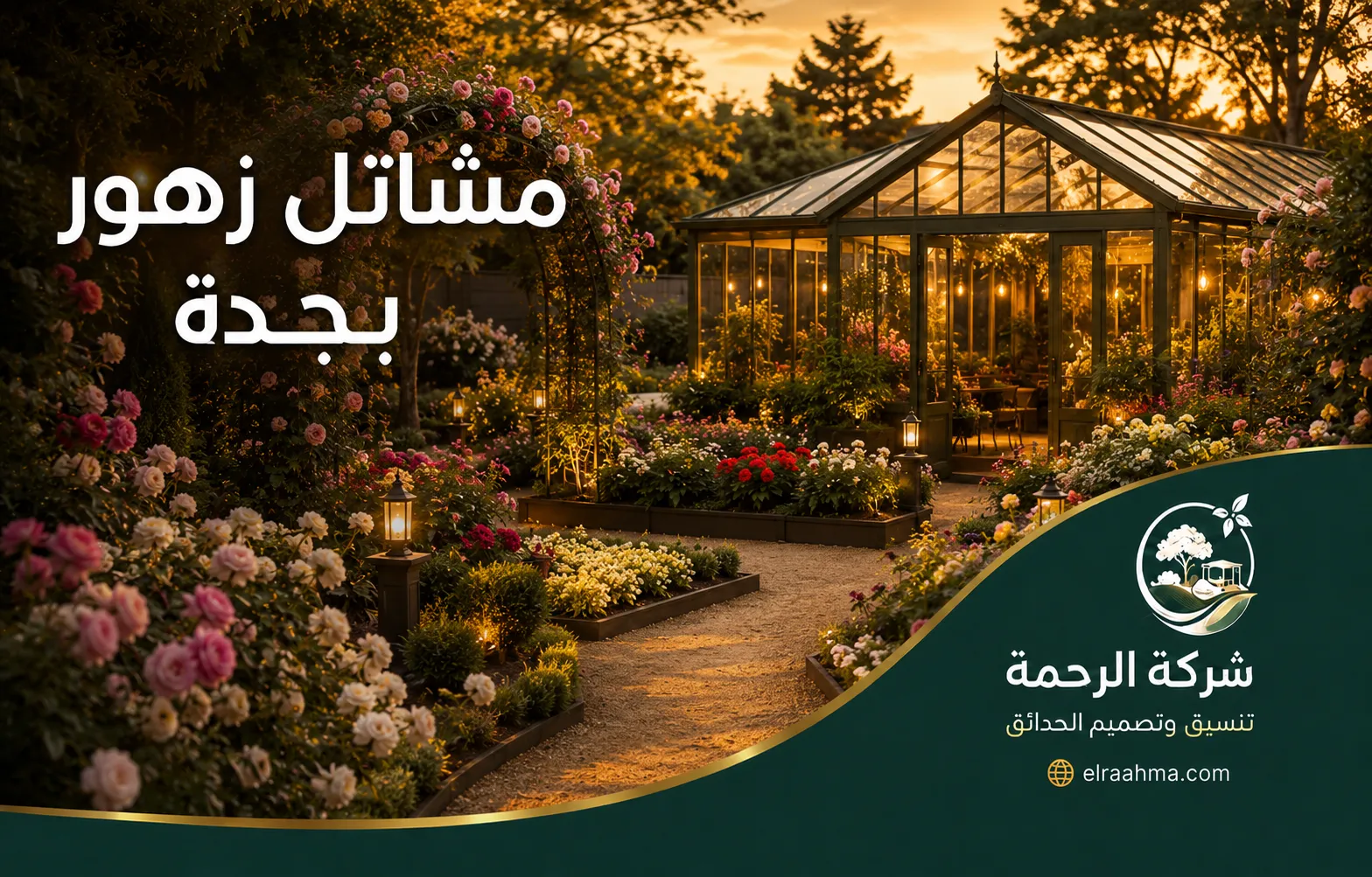مشاتل زهور بجدة | شركة الرحمة مشتل زهور يضم أحواض ورد ونباتات مزهرة حول بيت زجاجي مضاء في جدة