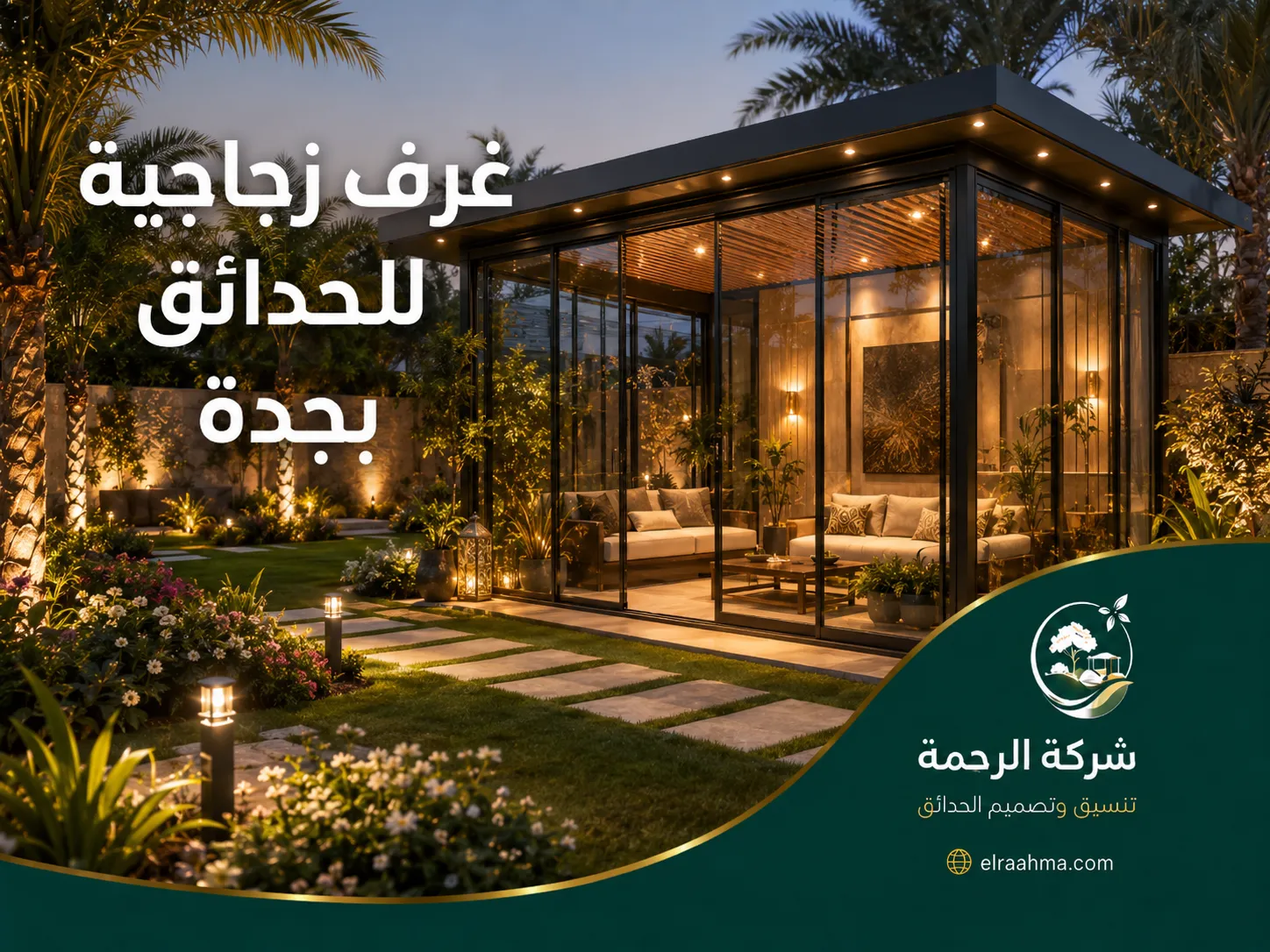 غرف زجاجية للحدائق بجدة | شركة الرحمة غرفة زجاجية داخل حديقة بجدة بإطارات سوداء وسقف زجاجي وجلسة خارجية