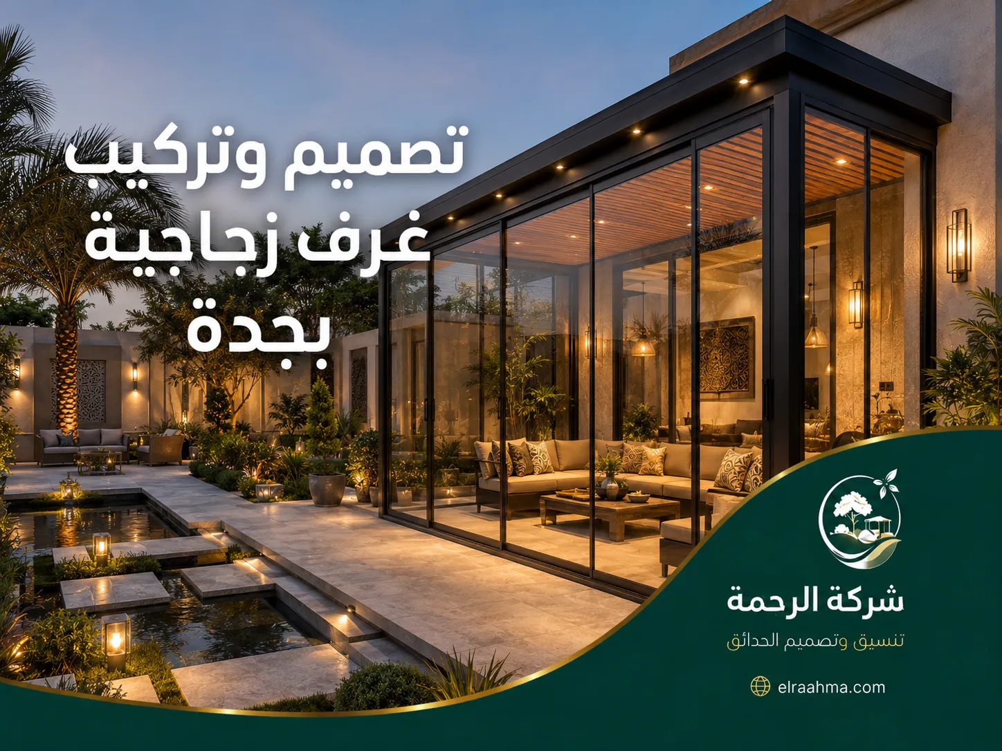 تصميم وتركيب غرف زجاجية بجدة | شركة الرحمة غرفة زجاجية بجدة بواجهات ممتدة وإطار معدني أسود ضمن حديقة منزلية