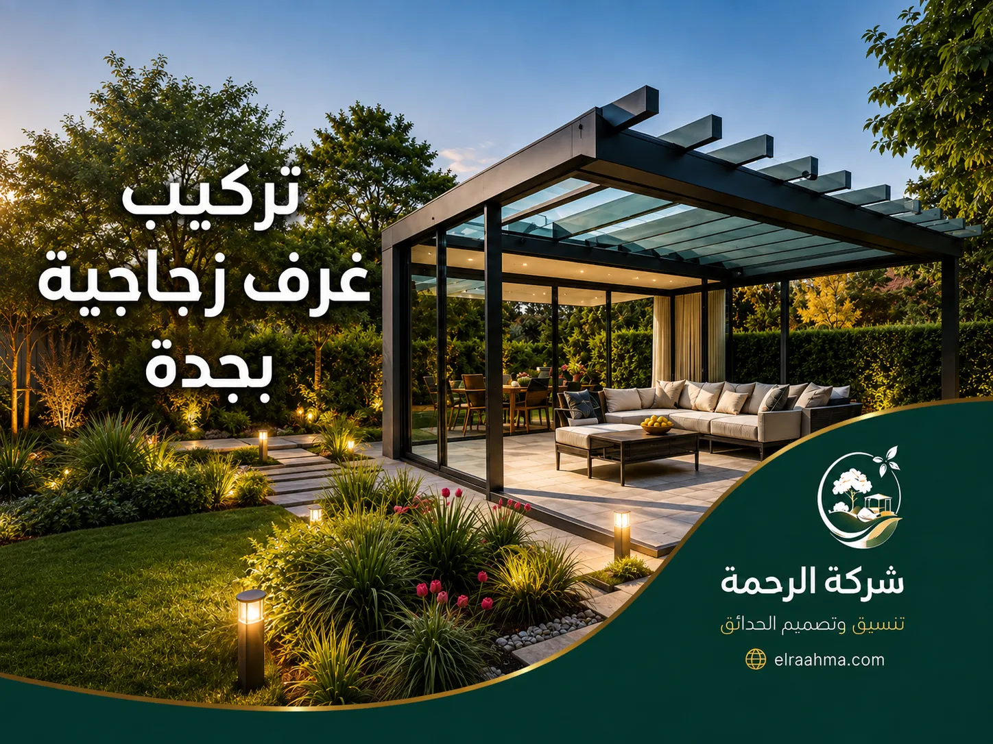 تركيب غرف زجاجية بجدة | شركة الرحمة تركيب غرفة زجاجية بجدة متصلة بالمنزل مع سقف زجاجي وإطارات معدنية