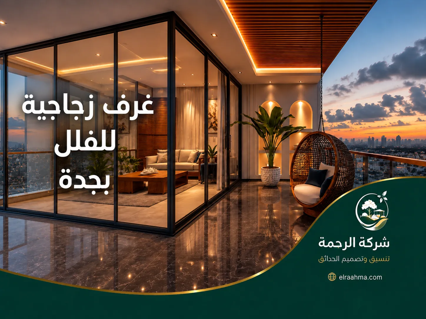 غرف زجاجية للفلل بجدة | شركة الرحمة غرفة زجاجية للفلل بجدة بواجهات كبيرة وإطلالة مباشرة على الحديقة