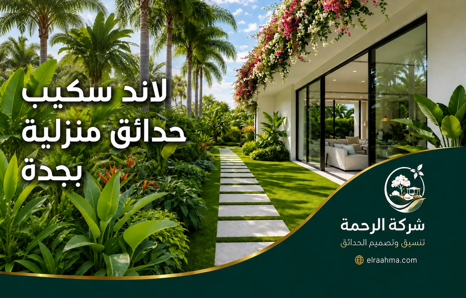 لاند سكيب حدائق منزلية بجدة | شركة الرحمة لاند سكيب حدائق منزلية بجدة بنباتات كثيفة ونخيل وممر حجري بجوار المنزل
