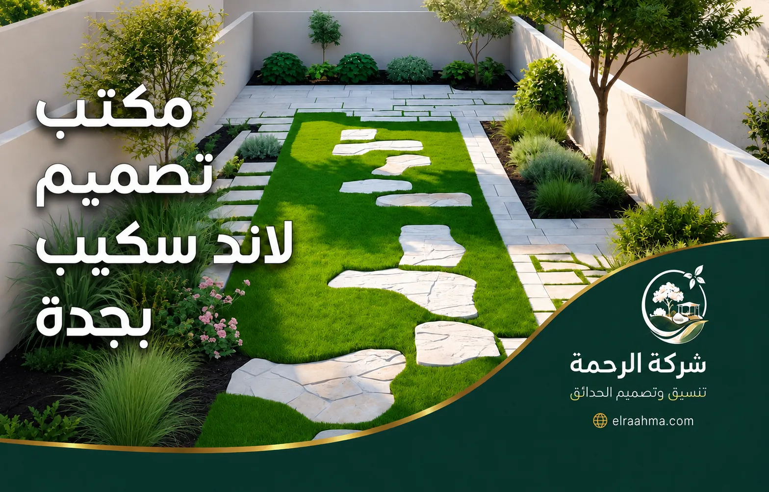 مكتب تصميم لاند سكيب بجدة | شركة الرحمة مكتب تصميم لاند سكيب بجدة لحديقة منزلية تضم مسطحًا أخضر وأشجارًا وأحواض نبات