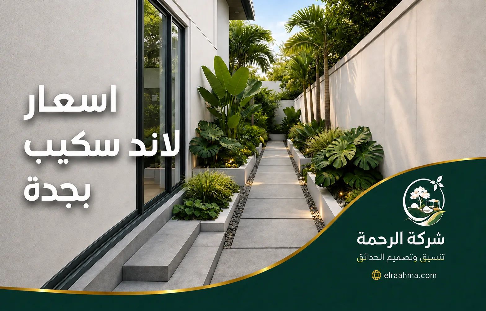 أسعار لاند سكيب بجدة | شركة الرحمة تصميم حديقة جانبية صغيرة بمسطح أخضر وممرات حجرية ضمن أسعار لاند سكيب بجدة