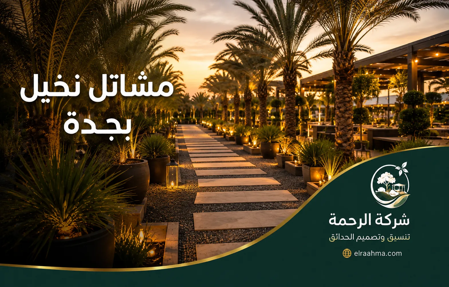 مشاتل نخيل بجدة | شركة الرحمة صفوف نخيل ونباتات زينة موزعة حول ممر خارجي مضاء داخل مشتل في جدة