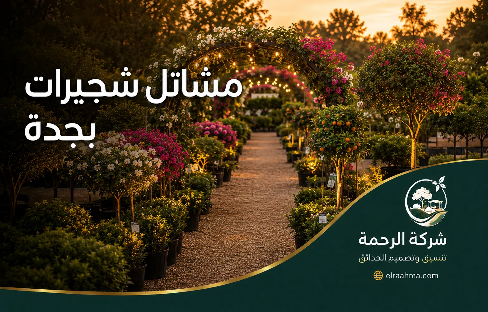 مشاتل شجيرات بجدة | شركة الرحمة مشتل يضم شجيرات زينة وأشجار صغيرة مرتبة على جانبي ممر مضاء في جدة