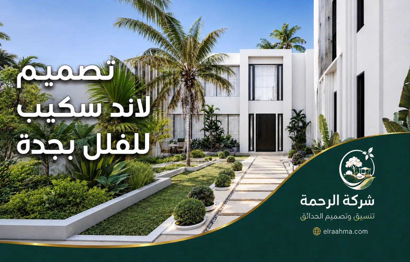 تصميم لاند سكيب للفلل بجدة | شركة الرحمة تصميم لاند سكيب للفلل بجدة بحديقة أمامية ونخيل وممرات حجرية حول فيلا حديثة