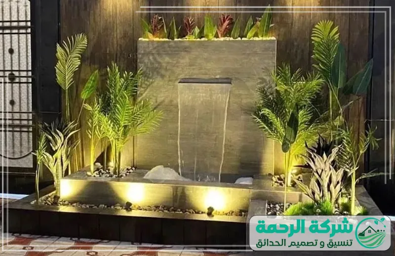 حديقة مصممة بصيانة شلالات ونوافير منزلية بأفضل المواد لأناقة وجودة تدوم طويلاً.