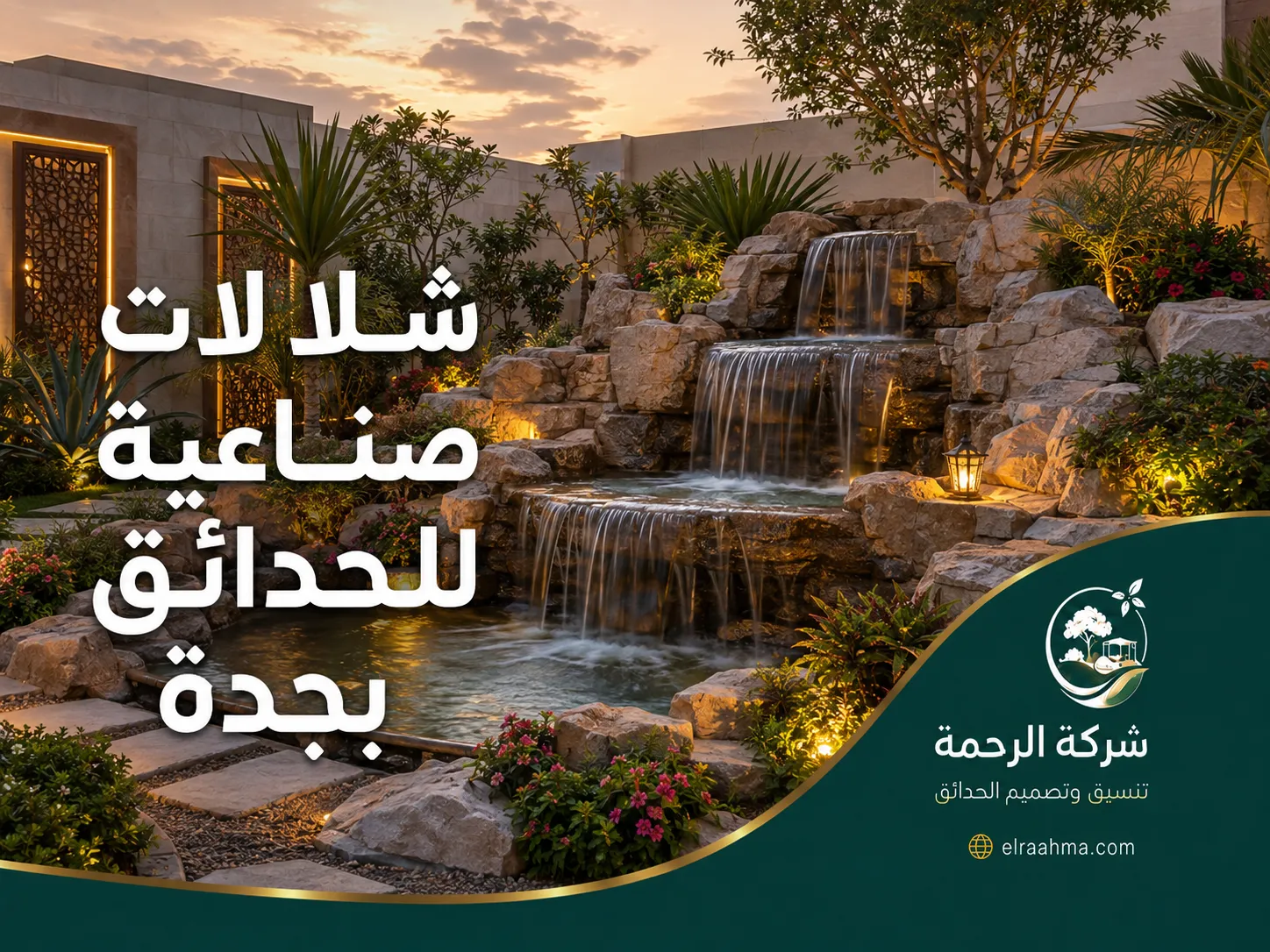شلالات صناعية للحدائق بجدة | شركة الرحمة شلال صناعي صخري متعدد المستويات وسط النباتات والإضاءة الخارجية في حديقة