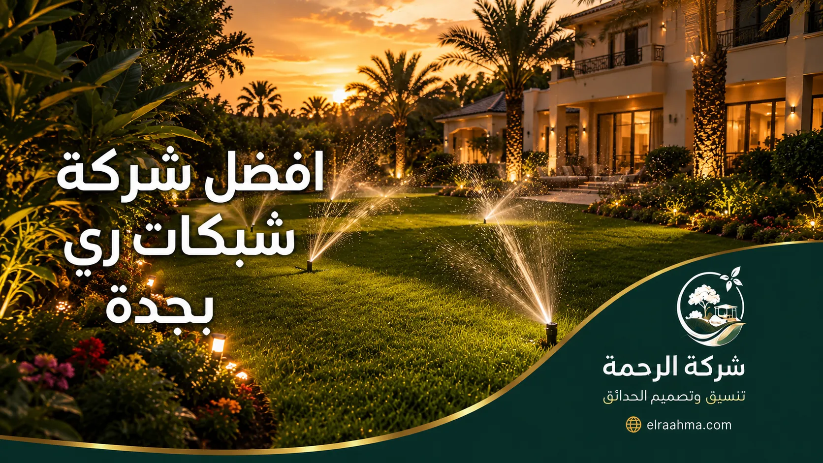 أفضل شركة شبكات ري بجدة | شركة الرحمة نظام رش متعدد النقاط يغطي مساحة خضراء كبيرة داخل حديقة بجدة