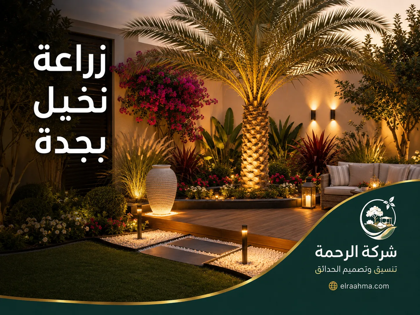 زراعة نخيل بجدة | شركة الرحمة زراعة نخيل بجدة ضمن تصميم حديقة منزلية مع النباتات والإضاءة وتنسيق المساحات الخضراء