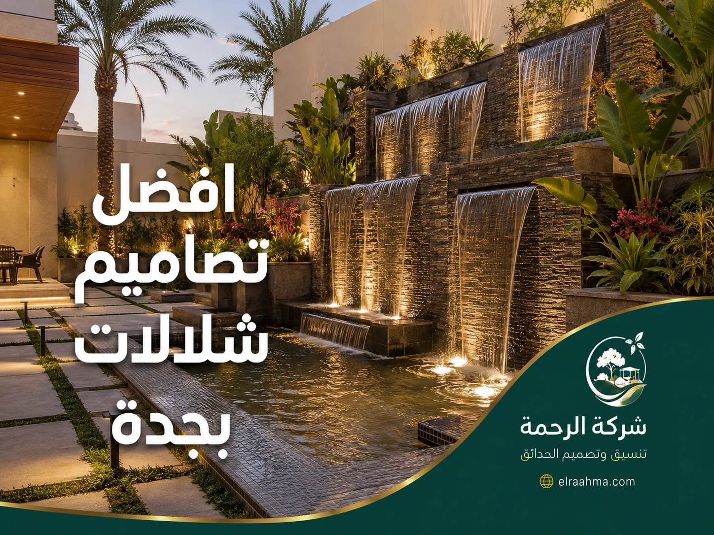 افضل تصاميم شلالات بجدة | شركة الرحمة تصميم شلالات جدارية متدرجة بإضاءة دافئة ونباتات حول حديقة منزلية