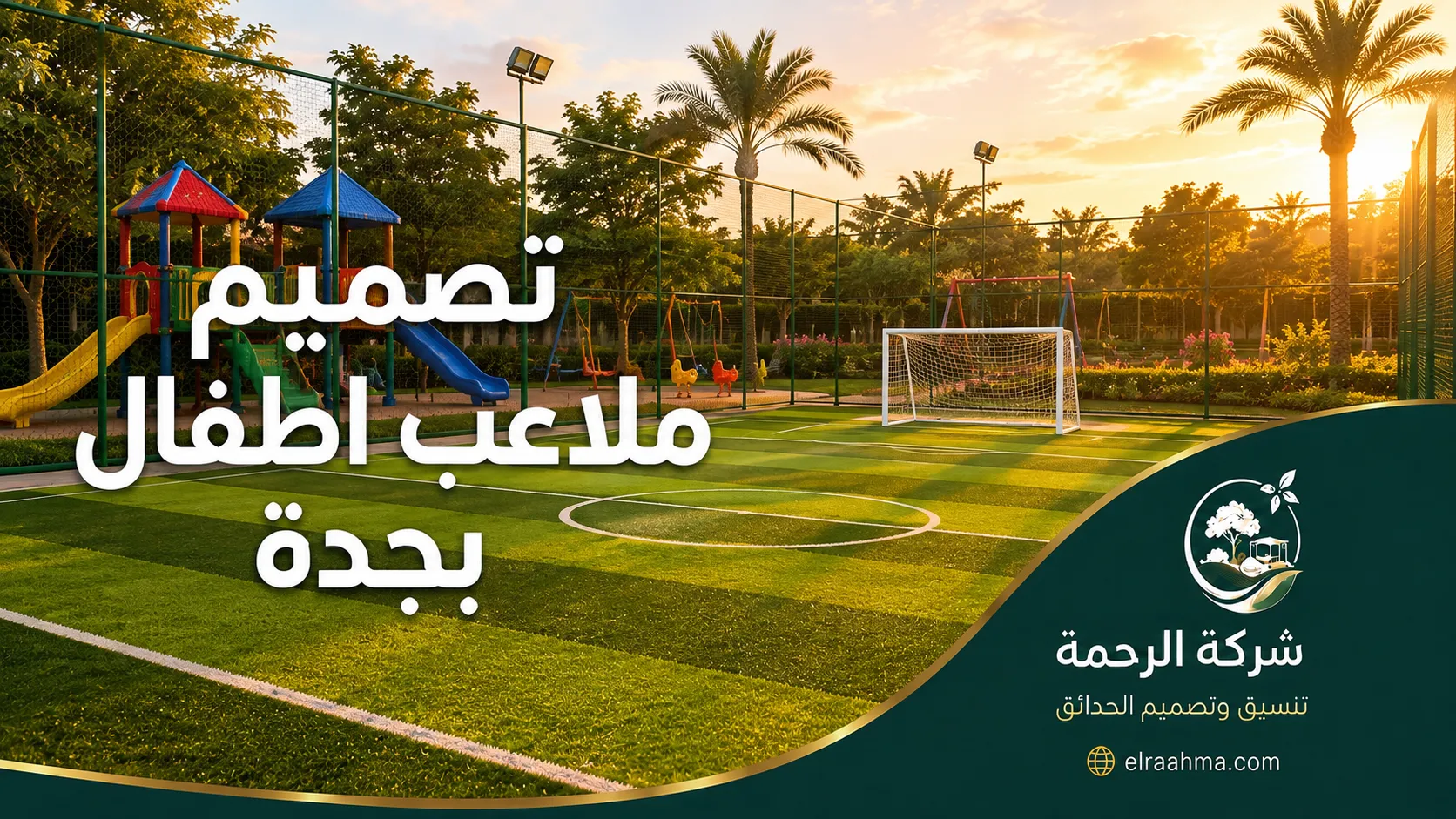ملعب كرة قدم صغير بجوار منطقة ألعاب أطفال ومساحات خضراء داخل حديقة