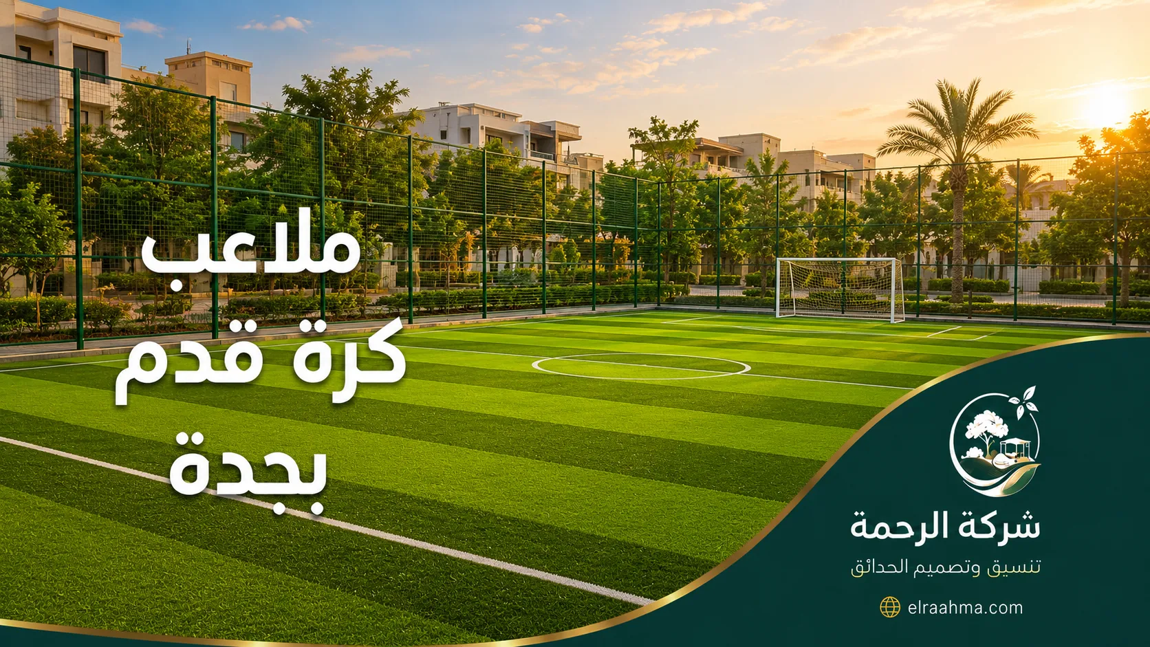 تصميم ملعب كرة قدم بجدة | شركة الرحمة ملعب كرة قدم بالعشب الصناعي محاط بسياج ومبانٍ سكنية في الخلفية
