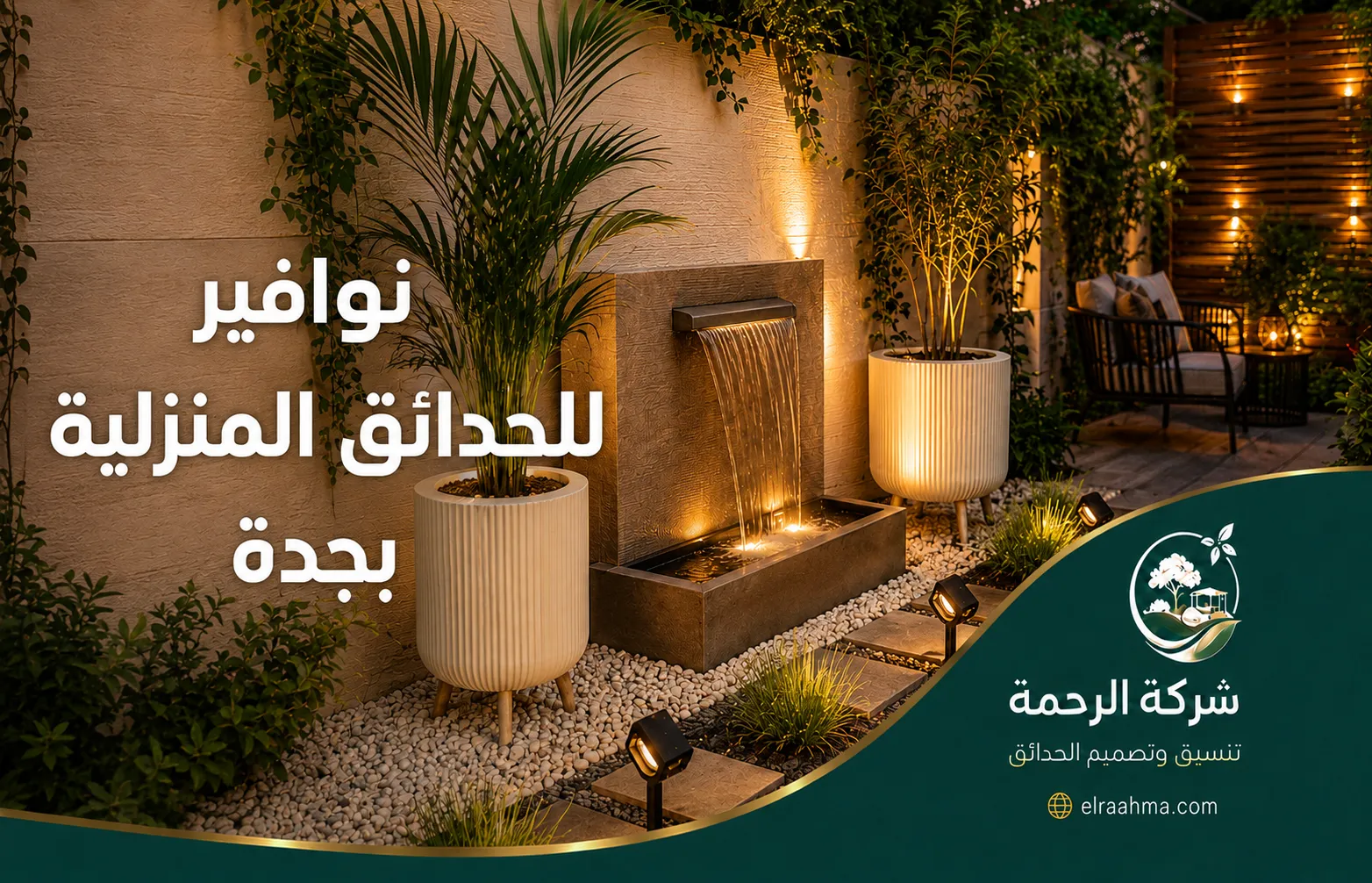 نوافير للحدائق المنزلية بجدة | شركة الرحمة نافورة منزلية بحوض مستطيل ونفاثات مياه مع شلال جداري وإضاءة للحديقة