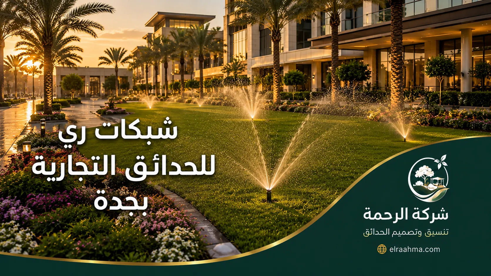 شبكات ري للمسطحات الخضراء بجدة | شركة الرحمة رشاشات أرضية توزع المياه على المسطح الأخضر داخل حديقة منزلية بجدة