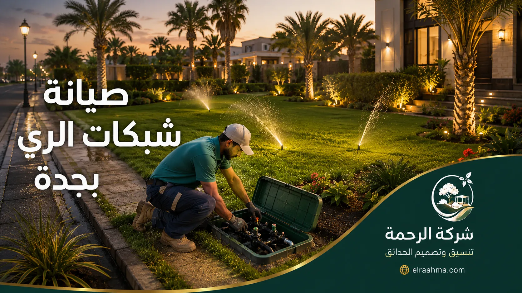 صيانة شبكات الري بجدة | شركة الرحمة فني يفحص صمامات ونقاط التحكم في شبكة ري حديقة منزلية بجدة