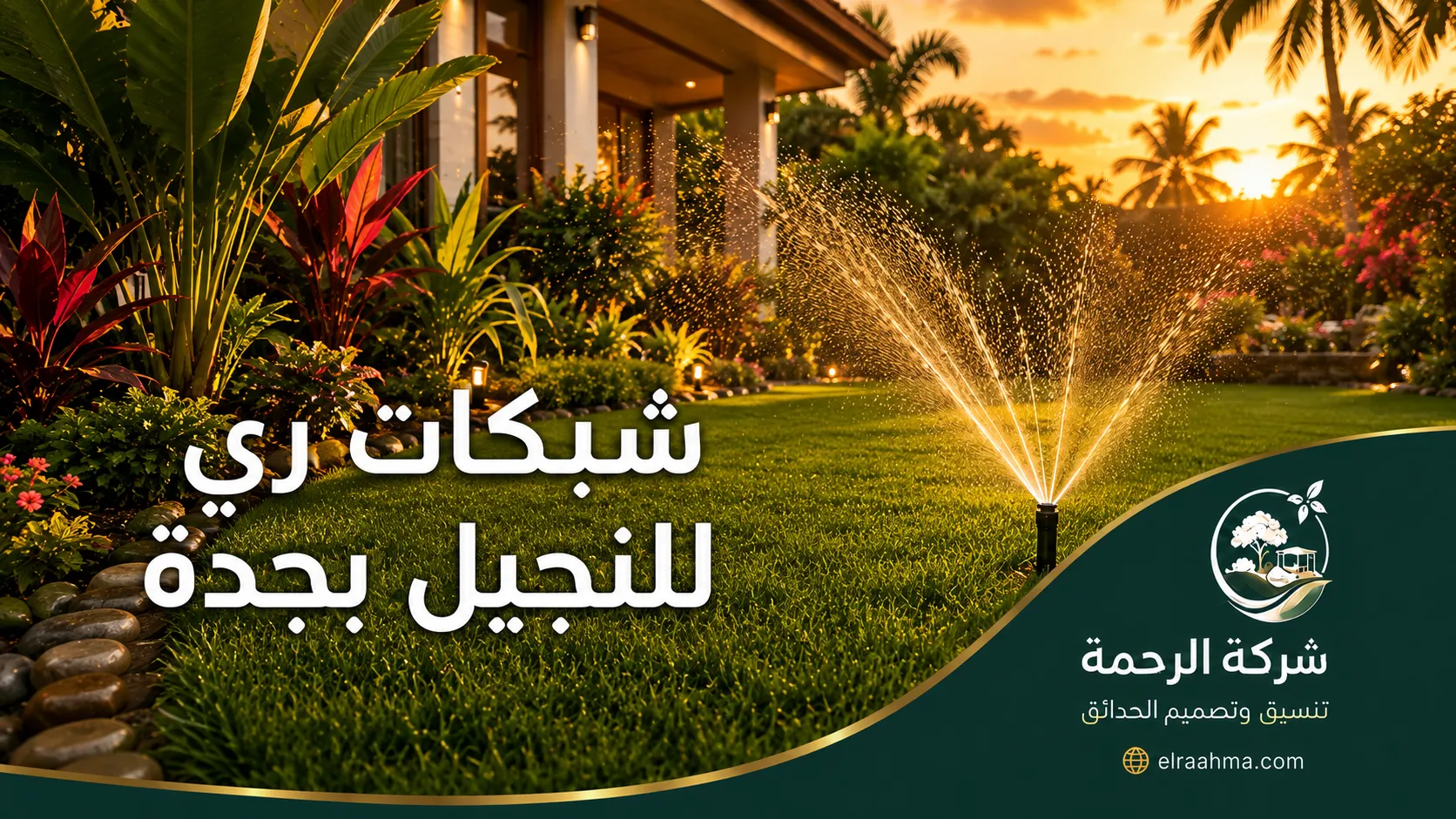 شبكات ري الحدائق بجدة | شركة الرحمة شبكة رشاشات لري حديقة واسعة محاطة بالأشجار والزهور بجدة