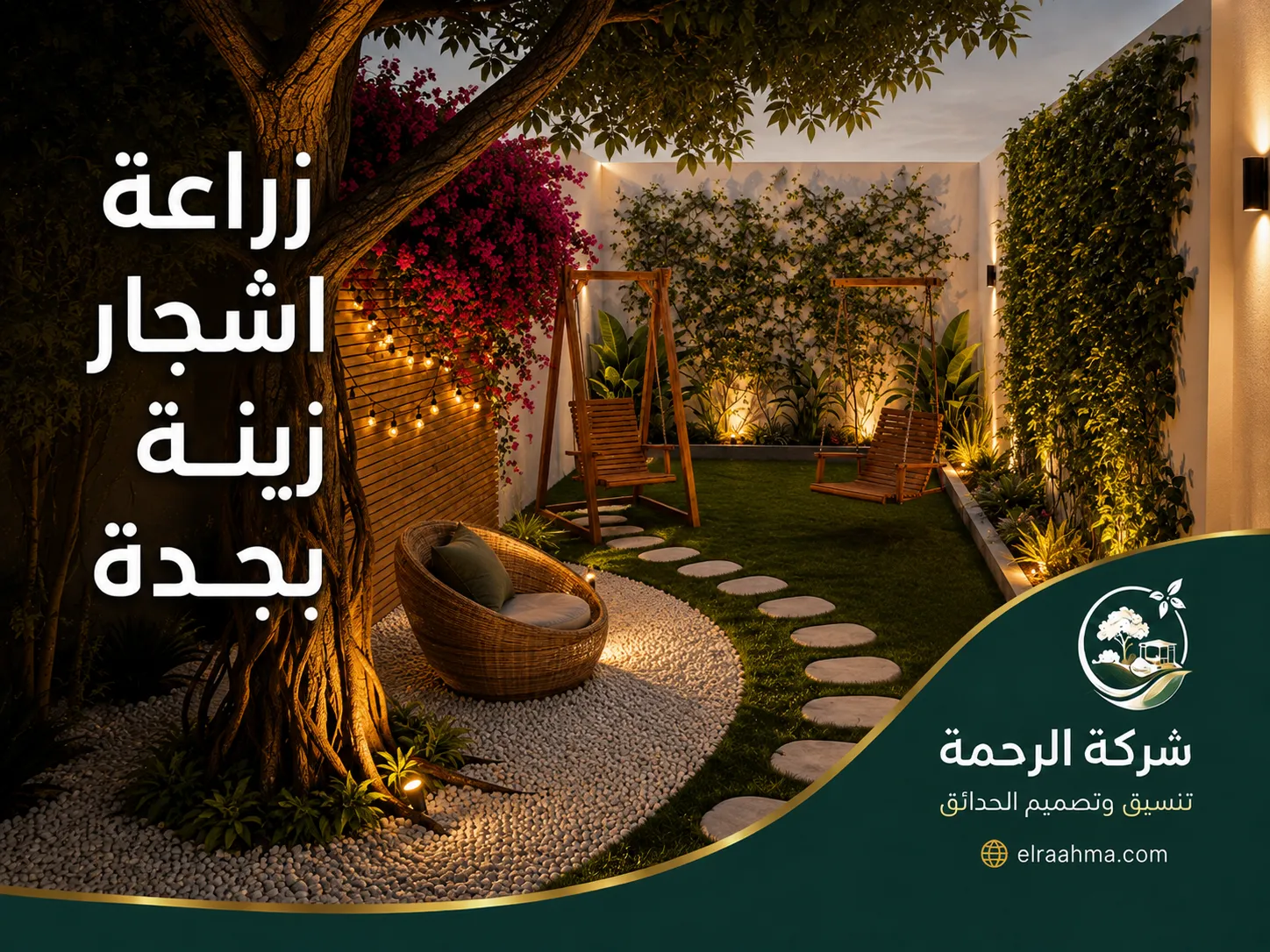 زراعة أشجار الزينة بجدة | شركة الرحمة أشجار زينة حول جلسة وممر حجري مع نباتات متسلقة وإضاءة حدائق في جدة