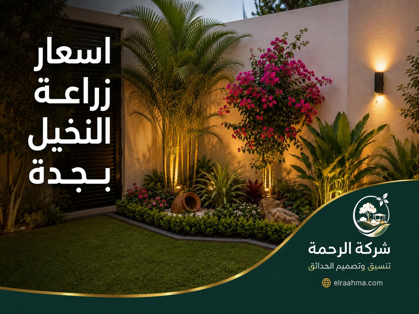 أسعار زراعة النخيل بجدة | شركة الرحمة نخيل مزروع بجوار نباتات مزهرة وأحواض خضراء داخل حديقة مضاءة في جدة
