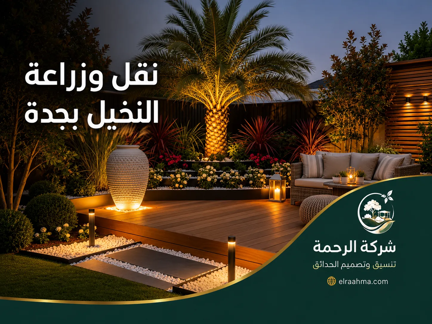 نقل وزراعة النخيل بجدة | شركة الرحمة نخلة كبيرة مضاءة تتوسط جلسة خارجية وأحواض زهور ضمن حديقة منزلية في جدة