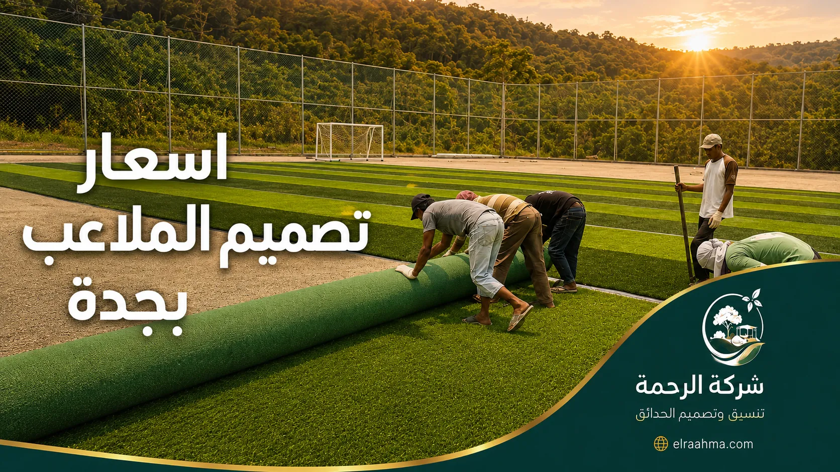 عمال يفردون لفائف العشب الصناعي أثناء تجهيز أرضية ملعب كرة قدم