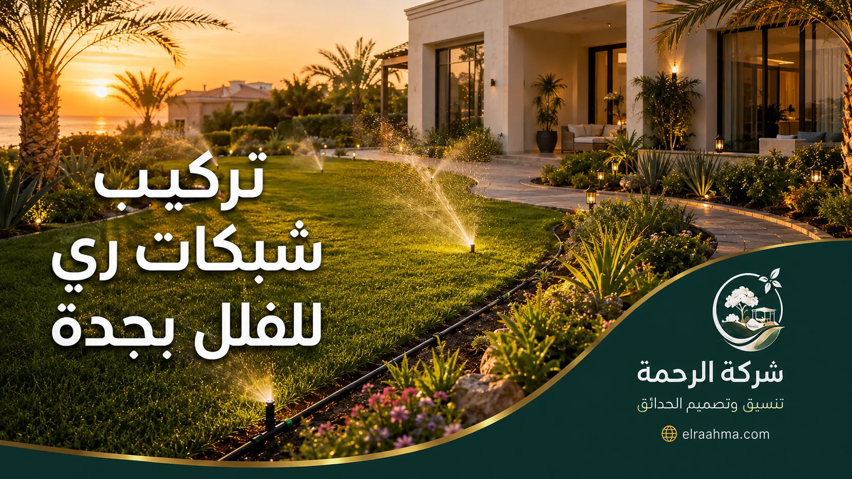 تركيب شبكات ري للفلل بجدة | شركة الرحمة رشاشات مياه موزعة على مسطح أخضر أمام فيلا ضمن شبكة ري منتظمة بجدة