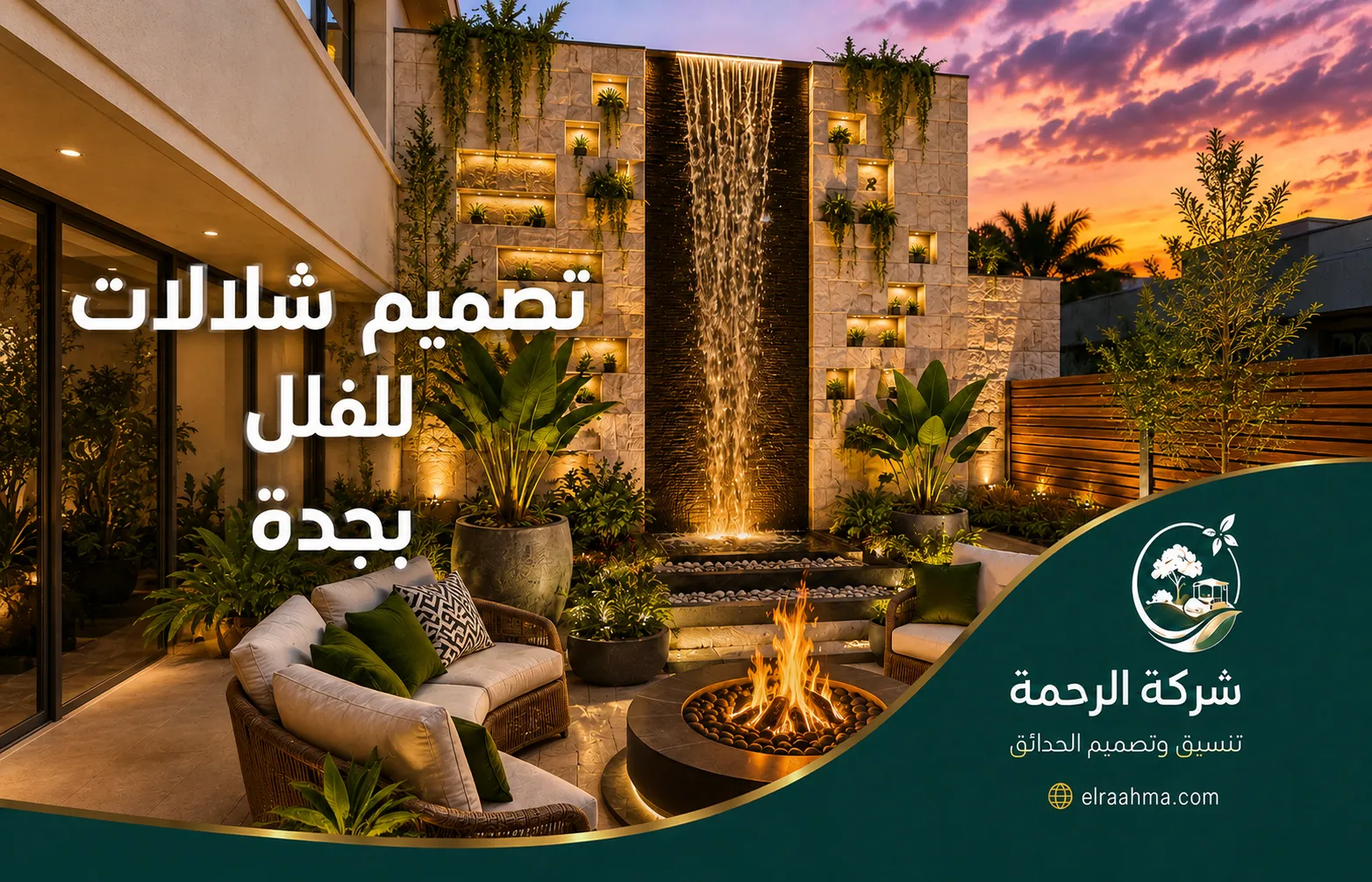 تصميم شلالات للفلل بجدة | شركة الرحمة شلال جداري مرتفع داخل حديقة فيلا مع جلسة خارجية ونباتات وإضاءة