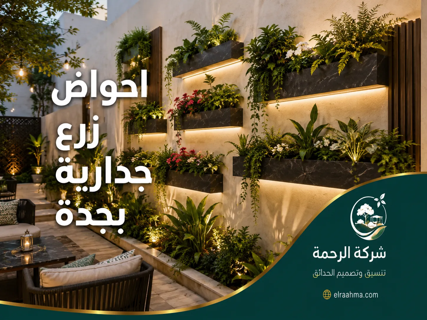 احواض زرع جدارية بجدة | شركة الرحمة أحواض زرع جدارية مضاءة على جدار خارجي مع نباتات متدلية وجلسة جانبية