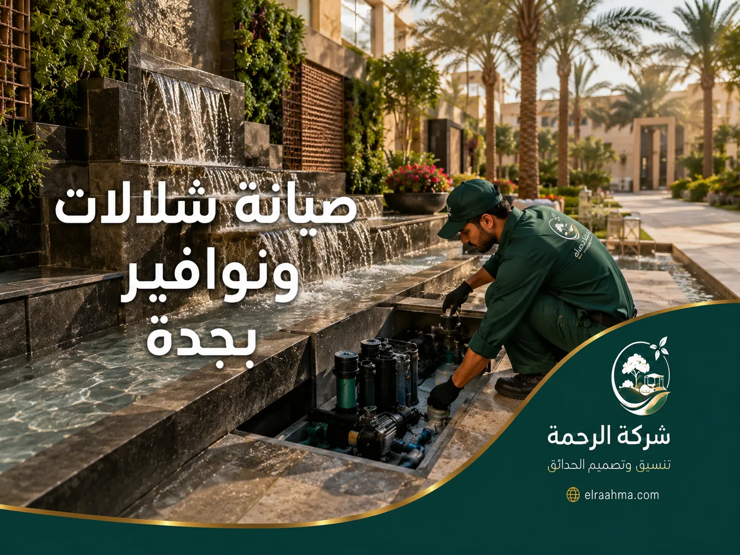 صيانة شلالات ونوافير بجدة | شركة الرحمة فني يفحص مضخات شلال جداري متعدد المستويات داخل حديقة خارجية بجدة