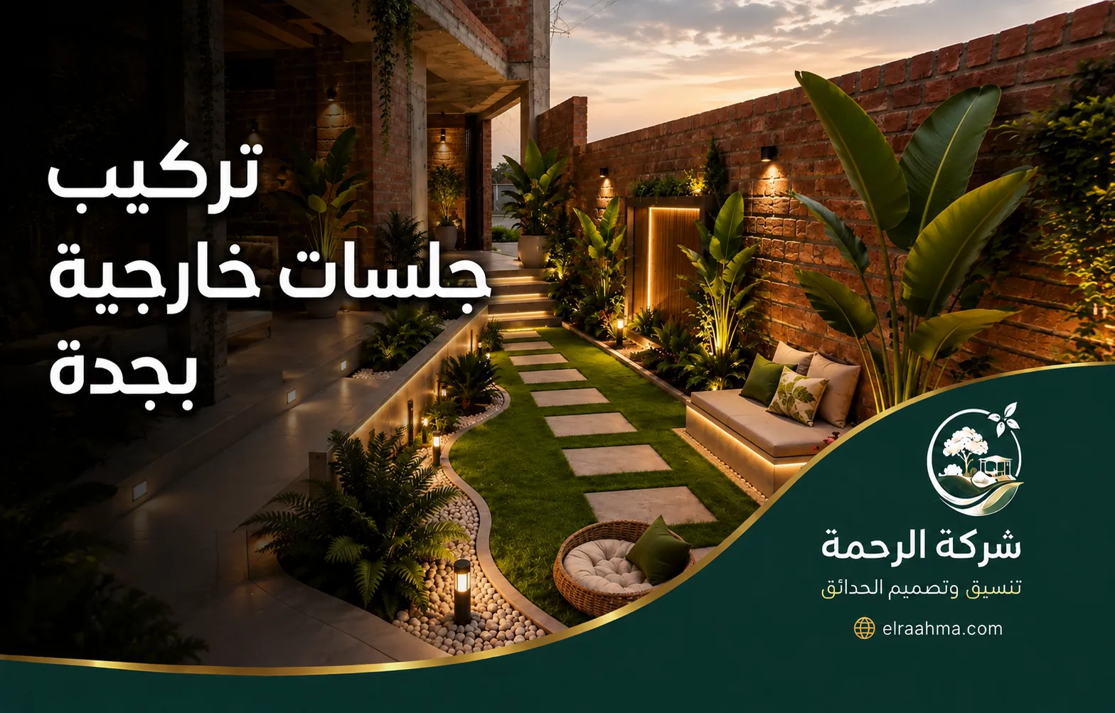 تركيب جلسات خارجية بجدة 0559460943 شركة الرحمة استغلال حوش طولي بمقعد جانبي ومسار عشبي منظم وإضاءة موزعة على الجدران.
