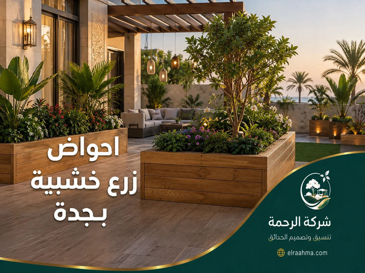 احواض زرع خشبية بجدة | شركة الرحمة أحواض زرع خشبية مرتفعة في تراس منزلي تضم أشجارًا صغيرة ونباتات مزهرة