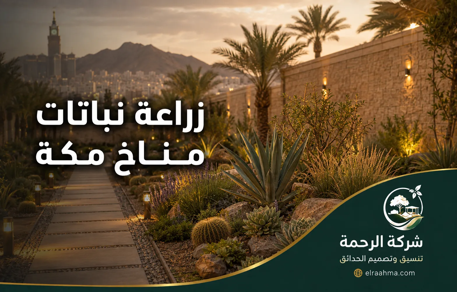 زراعة نباتات مناخ مكة | شركة الرحمة زراعة نباتات مناسبة لمناخ مكة تشمل نباتات صحراوية ونخيلاً داخل الحديقة
