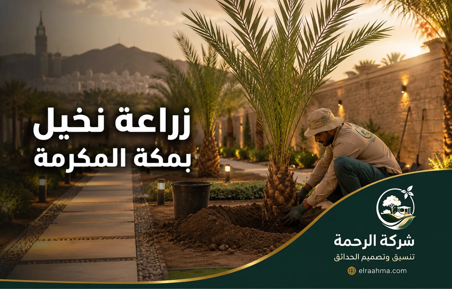 زراعة نخيل بمكة المكرمة | شركة الرحمة عامل يقوم بزراعة نخلة وتثبيتها بالتربة داخل حديقة في مكة