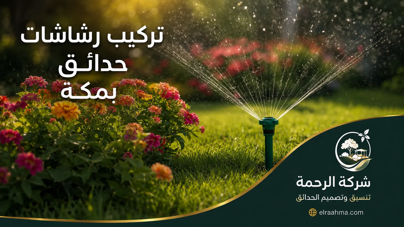 تركيب رشاشات حدائق بمكة | شركة الرحمة رشاش حديقة يعمل على توزيع المياه حول الزهور والمسطحات الخضراء بمكة