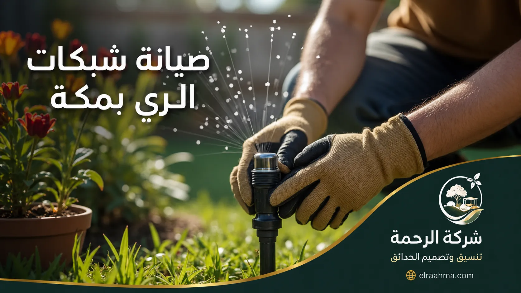 صيانة أنظمة الري بمكة | شركة الرحمة فني يقوم بصيانة وضبط رشاش ري داخل حديقة في مكة