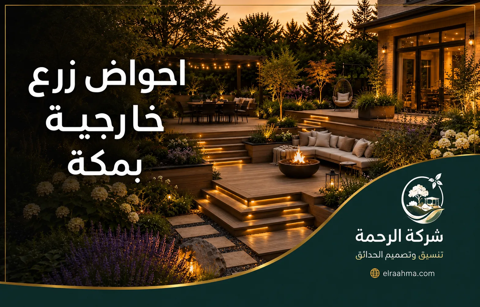 أحواض زرع خارجية بمكة | شركة الرحمة أحواض زرع خارجية تحيط بجلسات الحديقة والممرات الخشبية في مكة