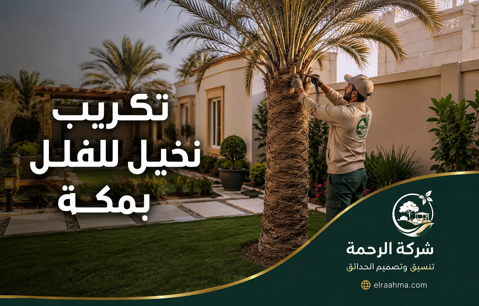 تكريب نخيل للفلل بمكة | شركة الرحمة عامل ينفذ تكريب نخلة داخل حديقة فيلا مع إزالة السعف الجاف وتنظيف الجذع بمكة