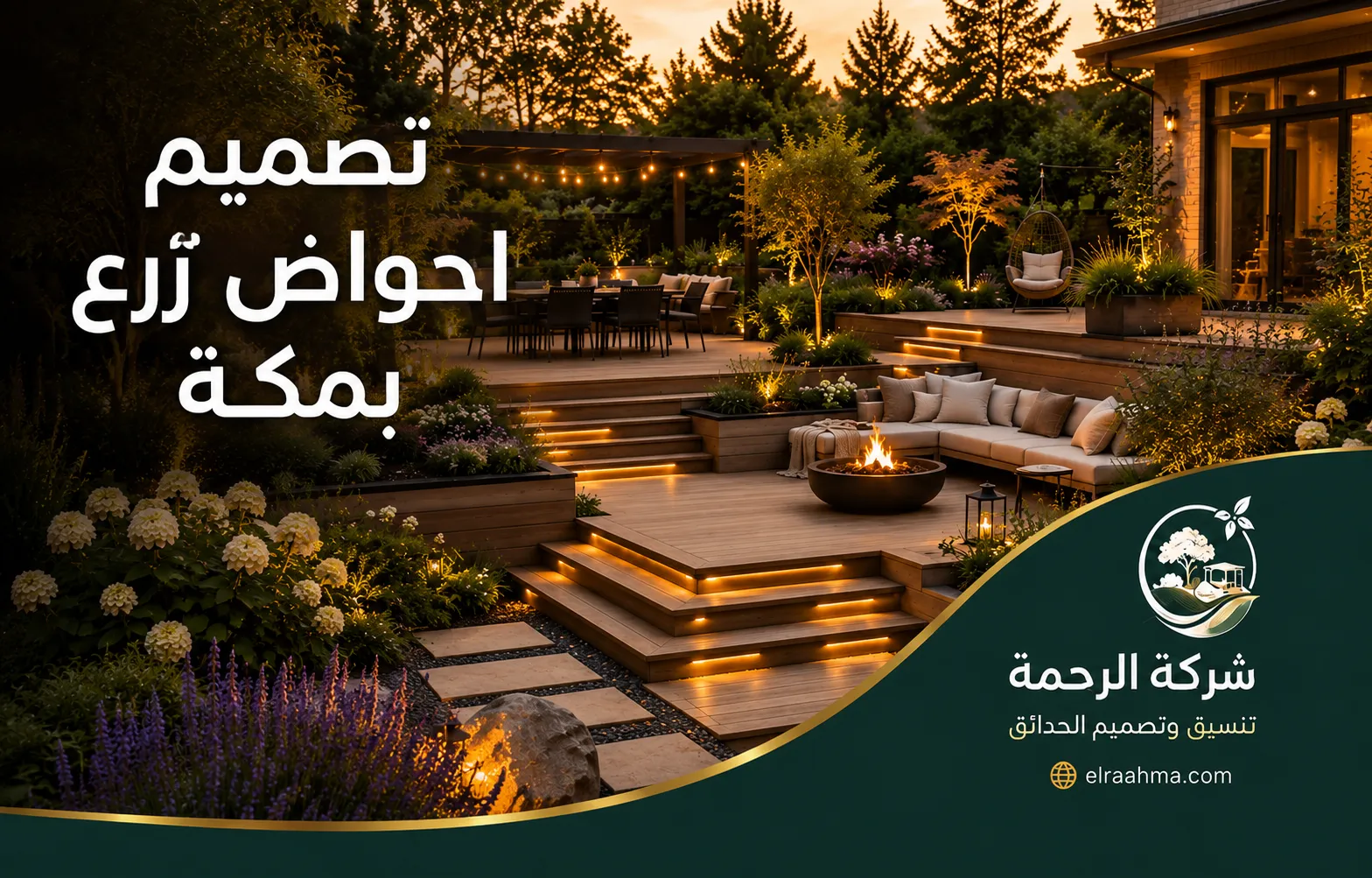 تصميم أحواض زرع بمكة | شركة الرحمة تصميم أحواض زرع متعددة المستويات حول جلسة خارجية وحديقة منزلية بمكة