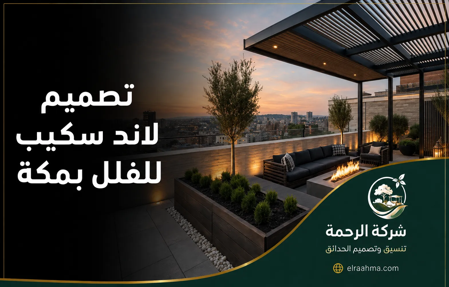 تصميم لاند سكيب للفلل بمكة | شركة الرحمة تصميم لاند سكيب لفيلا بمكة مع جلسة عصرية وأحواض زراعة ومظلة وإضاءة خارجية