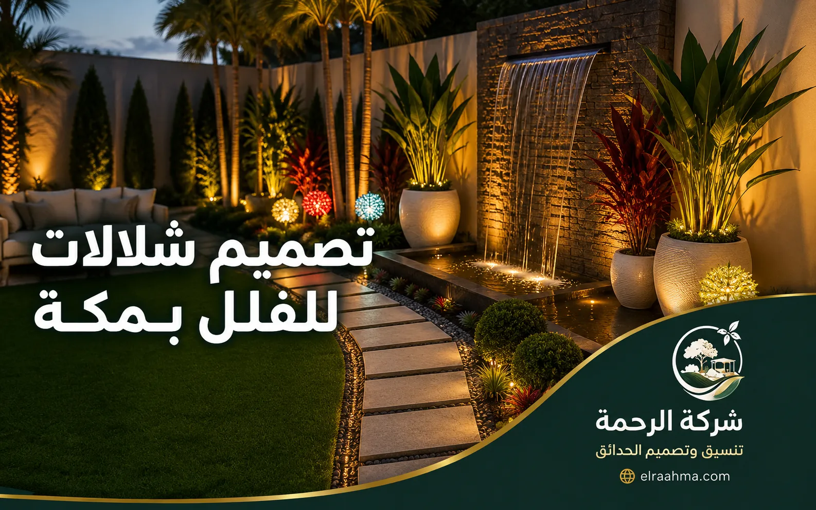 تصميم شلالات للفلل بمكة | شركة الرحمة شلال مائي بتصميم حديث داخل حديقة فيلا مع إضاءة ونباتات في مكة