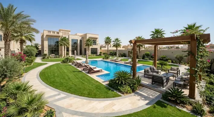 تنفيذ حدائق منتجعات كبيرة باحترافية وتصميمات فاخرة عالية الجودة