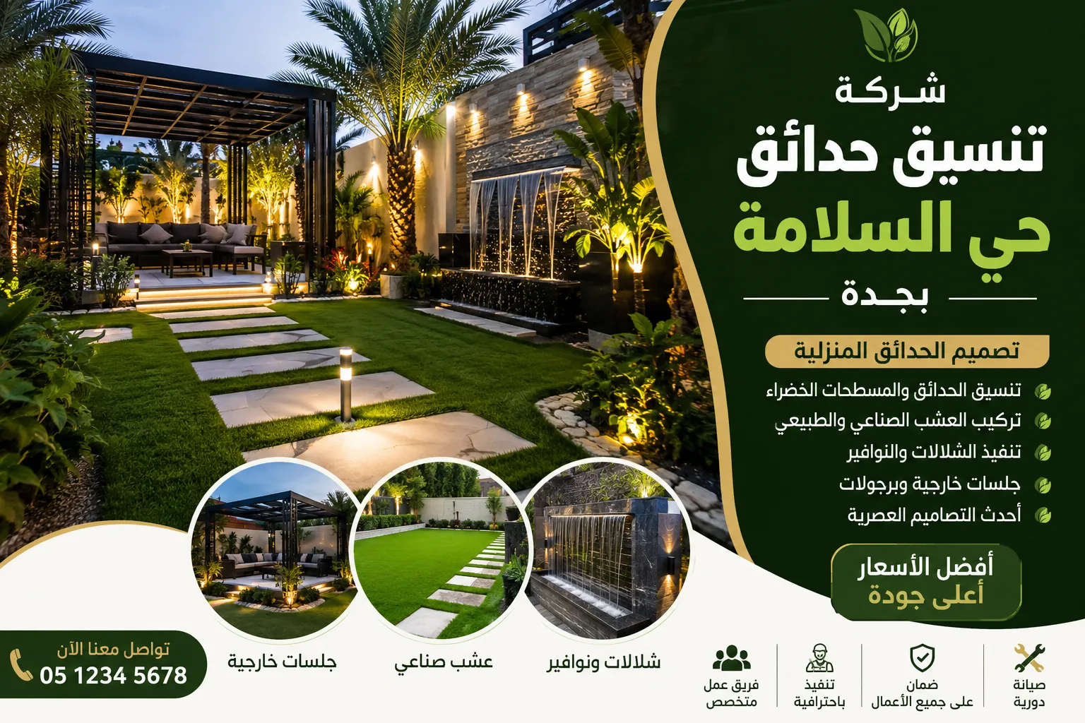 شركة تنسيق حدائق حي السلامة بجدة | تصميم حدائق وعشب صناعي وشلالات