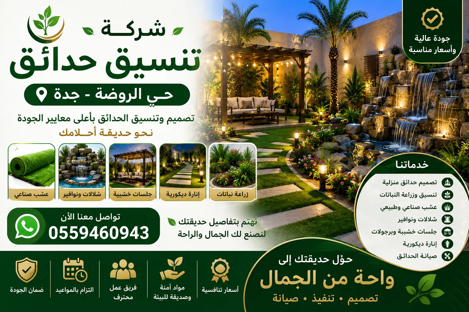 شركة تنسيق حدائق حي الروضة بجدة | تصميم حدائق منزلية وعشب صناعي وشلالات بأفضل الأسعار
